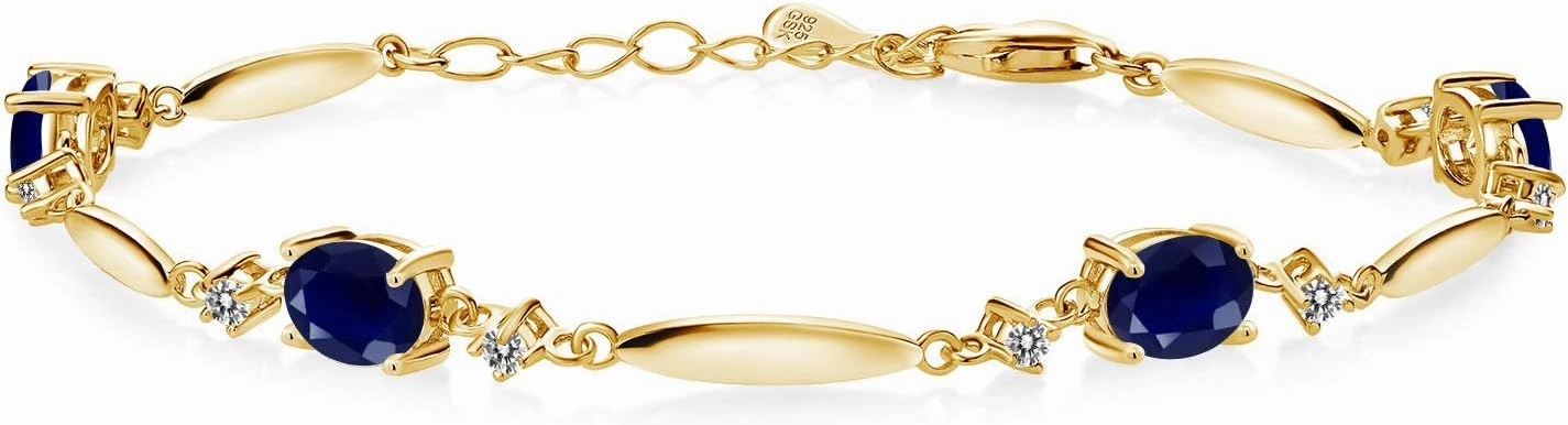 Gem Stone King 18K Yellow Gold Plated Silver Gemstone Birthstone and White Diamond Tennis Bracelet For Women | Oval 7X5MM and 2MM | 6 Inch   1 Inch Extender | Fine Jewelry for Her Mom Wife