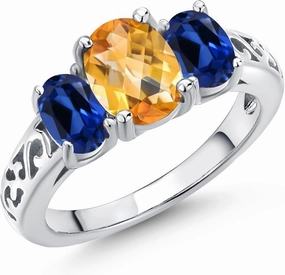 Gem Stone King 2.45 Cttw Yellow Citrine and Blue Created Sapphire Filigree Style 3 Stone Ring for Women | 925 Sterling Silver | Oval 8X6MM and 6X4MM | Available in Size 5, 6, 7, 8, 9