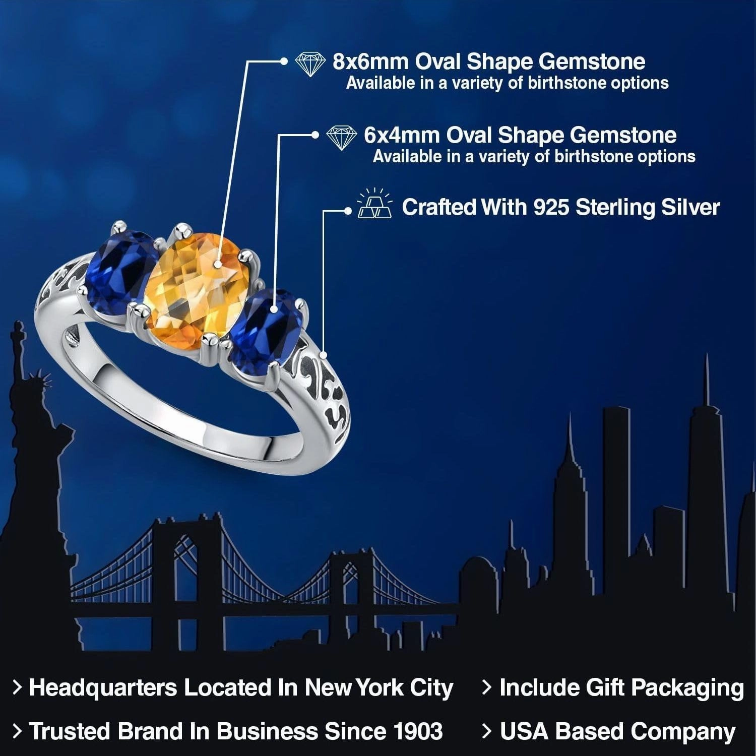 Gem Stone King 2.45 Cttw Yellow Citrine and Blue Created Sapphire Filigree Style 3 Stone Ring for Women | 925 Sterling Silver | Oval 8X6MM and 6X4MM | Available in Size 5, 6, 7, 8, 9