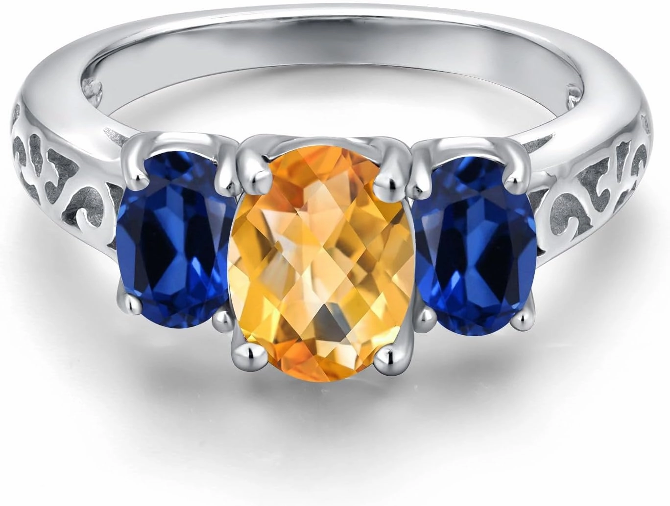 Gem Stone King 2.45 Cttw Yellow Citrine and Blue Created Sapphire Filigree Style 3 Stone Ring for Women | 925 Sterling Silver | Oval 8X6MM and 6X4MM | Available in Size 5, 6, 7, 8, 9