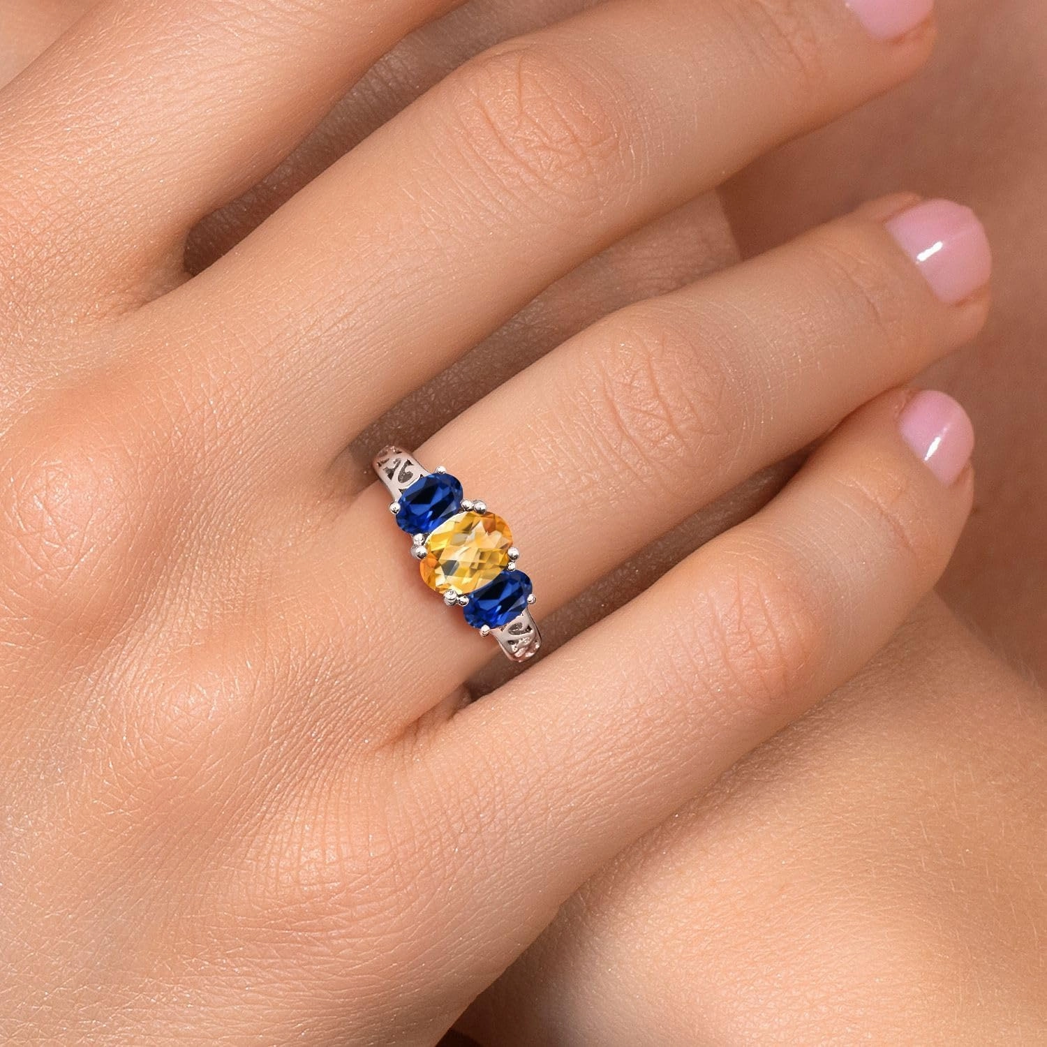 Gem Stone King 2.45 Cttw Yellow Citrine and Blue Created Sapphire Filigree Style 3 Stone Ring for Women | 925 Sterling Silver | Oval 8X6MM and 6X4MM | Available in Size 5, 6, 7, 8, 9