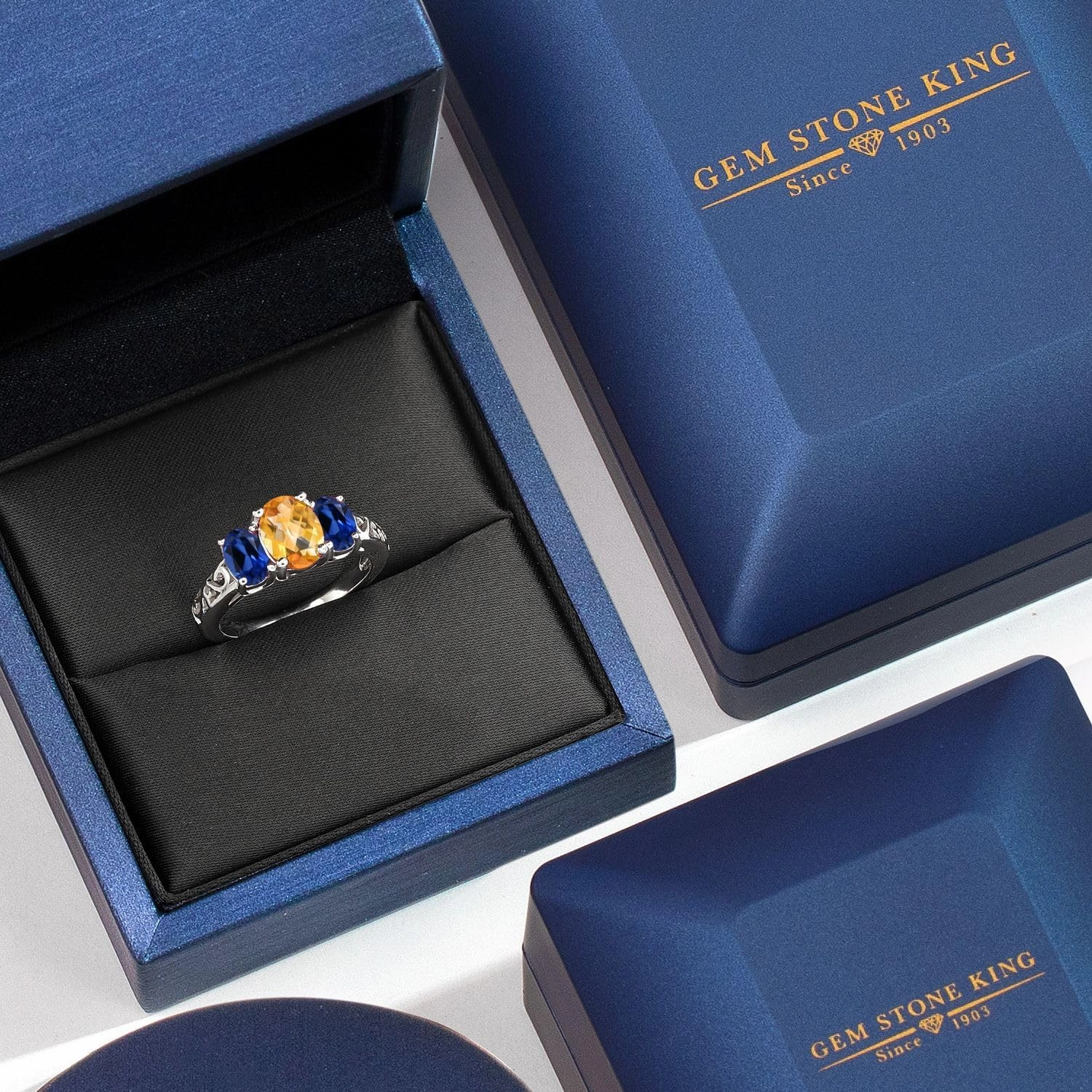 Gem Stone King 2.45 Cttw Yellow Citrine and Blue Created Sapphire Filigree Style 3 Stone Ring for Women | 925 Sterling Silver | Oval 8X6MM and 6X4MM | Available in Size 5, 6, 7, 8, 9