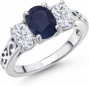 Gem Stone King 2.80 Cttw Blue Sapphire and White Moissanite 3-Stone Ring In 925 Sterling Silver | Oval 8X6MM and 6X4MM | 3 Stone Wedding Anniversary Promise Ring For Women | Available in Size 5-9