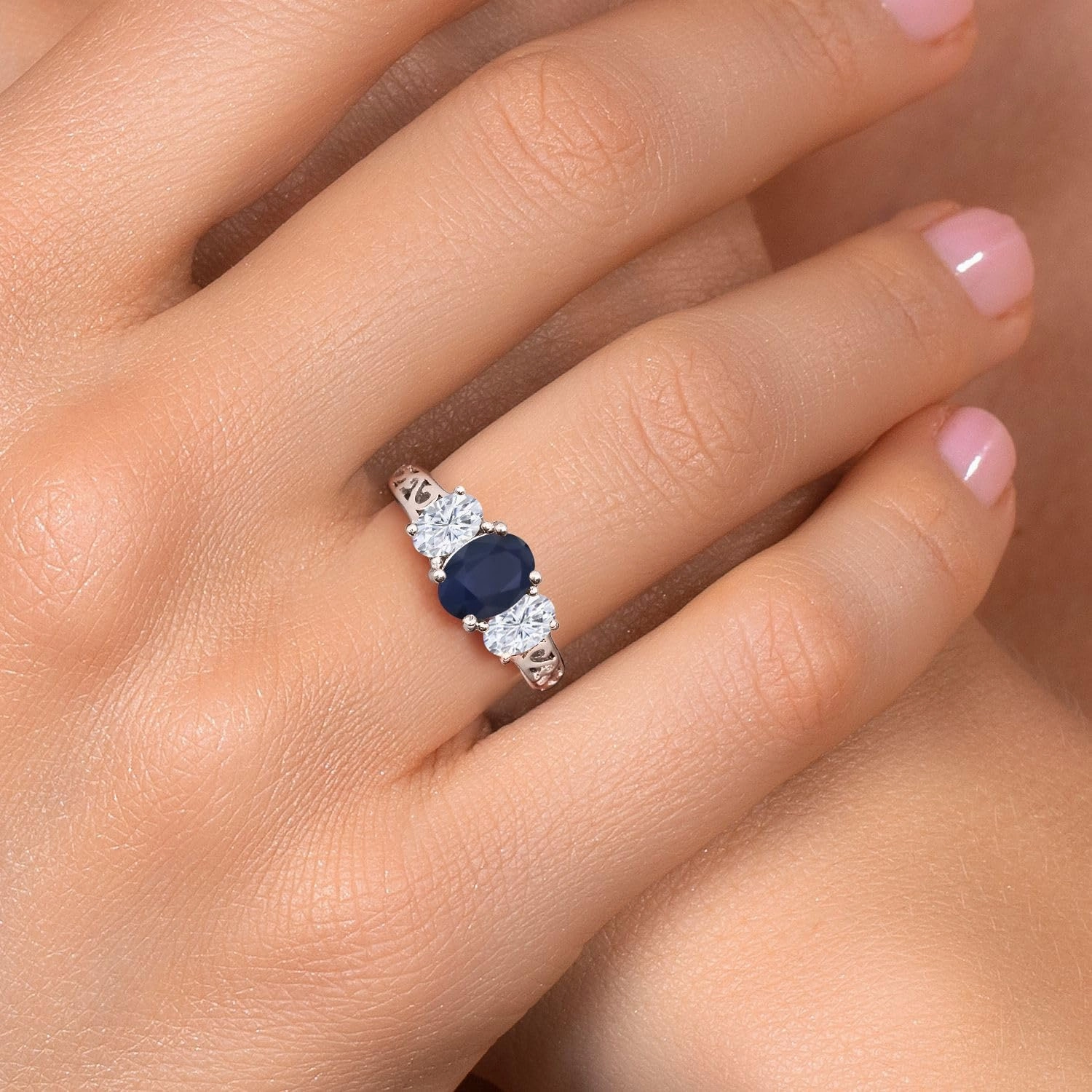 Gem Stone King 2.80 Cttw Blue Sapphire and White Moissanite 3-Stone Ring In 925 Sterling Silver | Oval 8X6MM and 6X4MM | 3 Stone Wedding Anniversary Promise Ring For Women | Available in Size 5-9