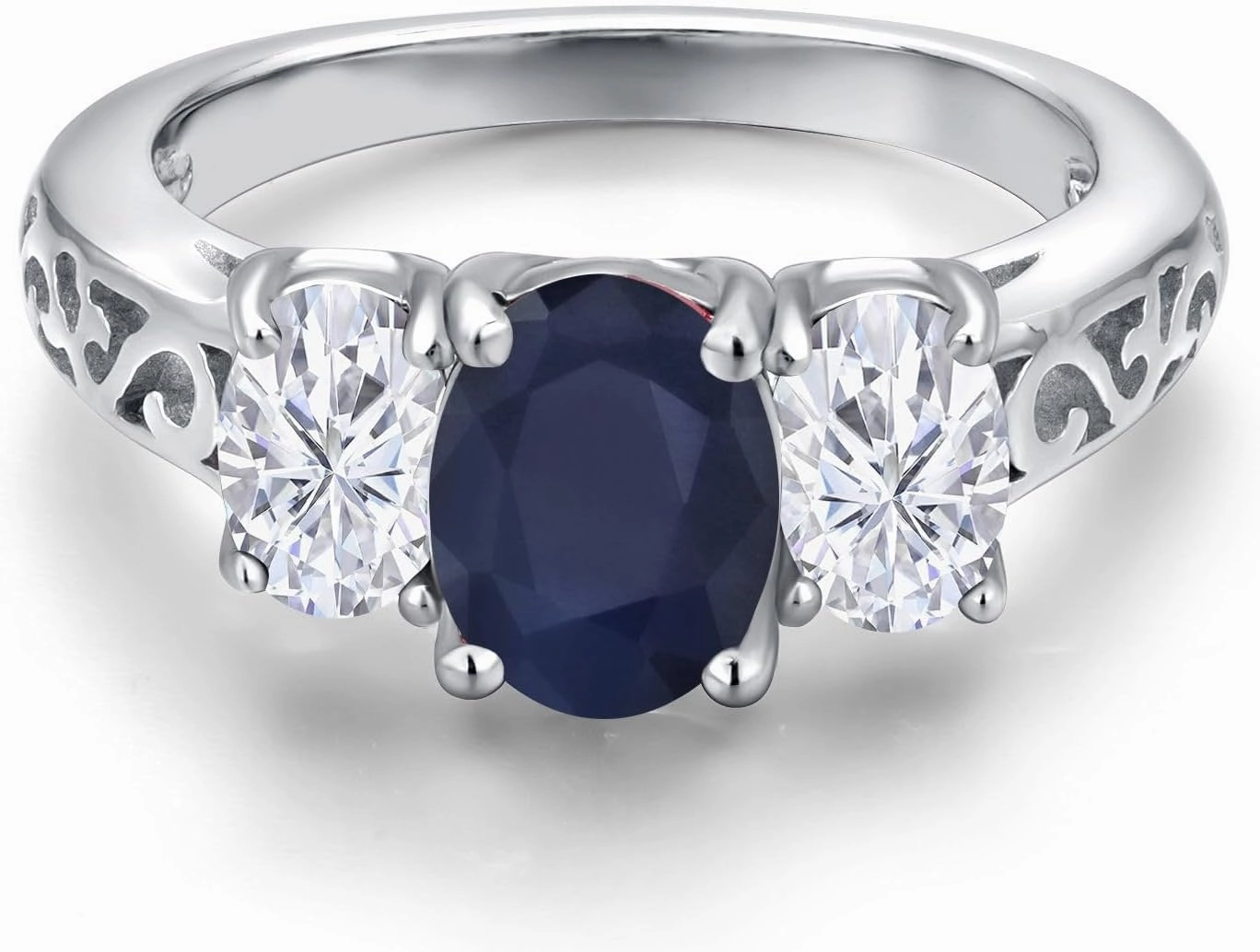 Gem Stone King 2.80 Cttw Blue Sapphire and White Moissanite 3-Stone Ring In 925 Sterling Silver | Oval 8X6MM and 6X4MM | 3 Stone Wedding Anniversary Promise Ring For Women | Available in Size 5-9