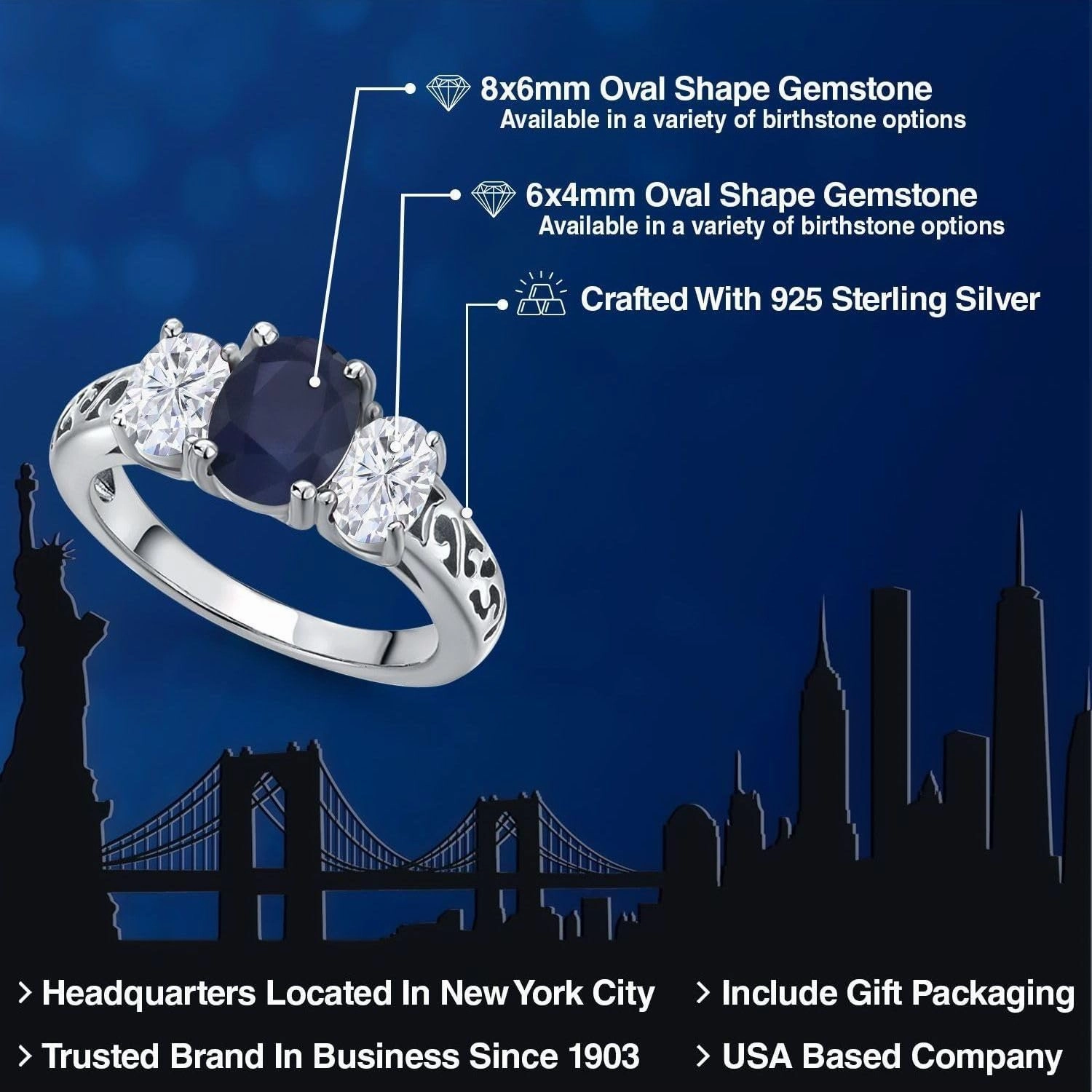 Gem Stone King 2.80 Cttw Blue Sapphire and White Moissanite 3-Stone Ring In 925 Sterling Silver | Oval 8X6MM and 6X4MM | 3 Stone Wedding Anniversary Promise Ring For Women | Available in Size 5-9