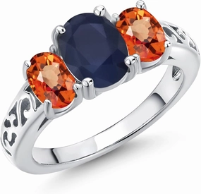 Gem Stone King 2.90 Cttw Blue Sapphire and Orange Sapphire Filigree Style 3 Stone Ring For Women In 925 Sterling Silver | Oval 8X6MM and 6X4MM | Available in Size 5, 6, 7, 8, 9