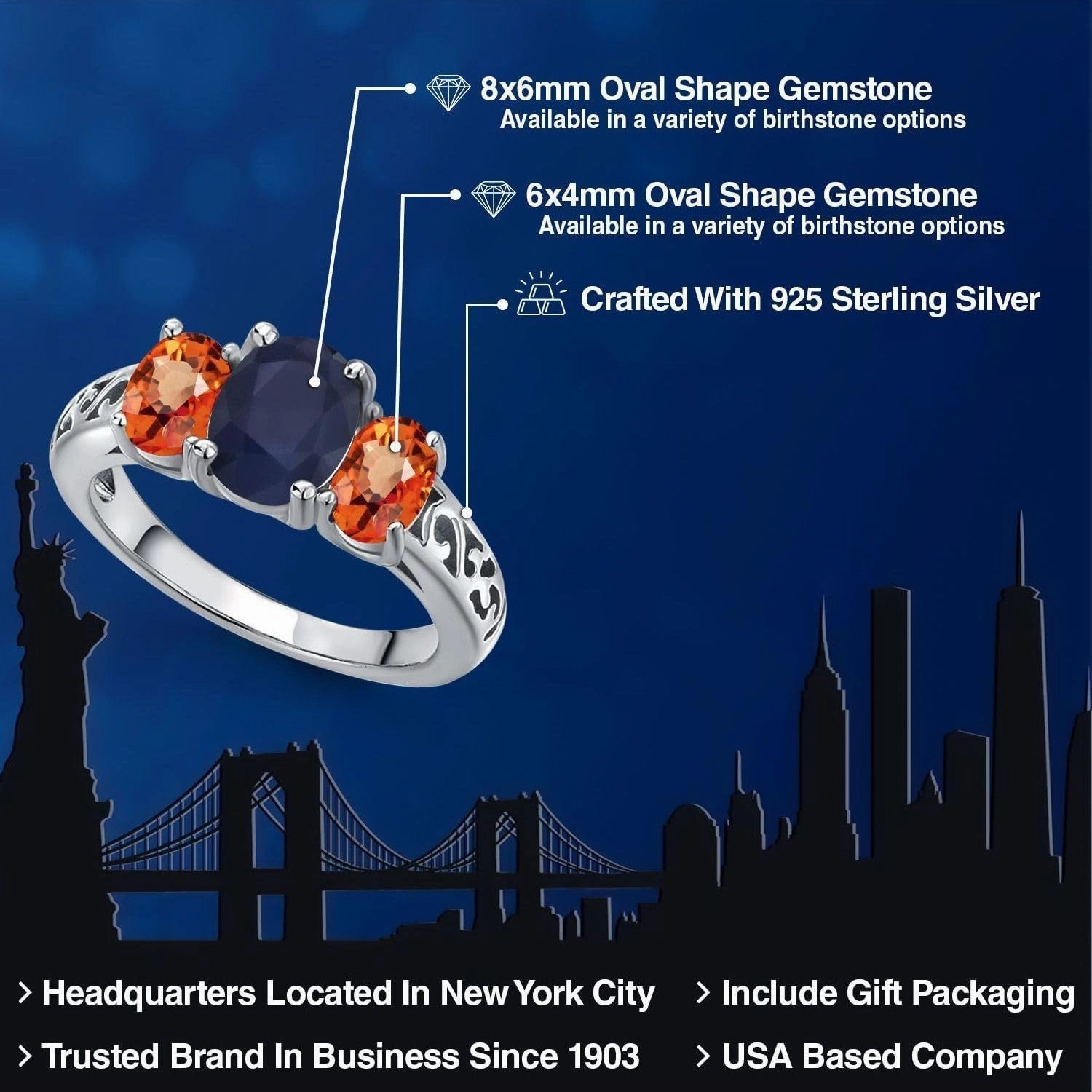 Gem Stone King 2.90 Cttw Blue Sapphire and Orange Sapphire Filigree Style 3 Stone Ring For Women In 925 Sterling Silver | Oval 8X6MM and 6X4MM | Available in Size 5, 6, 7, 8, 9