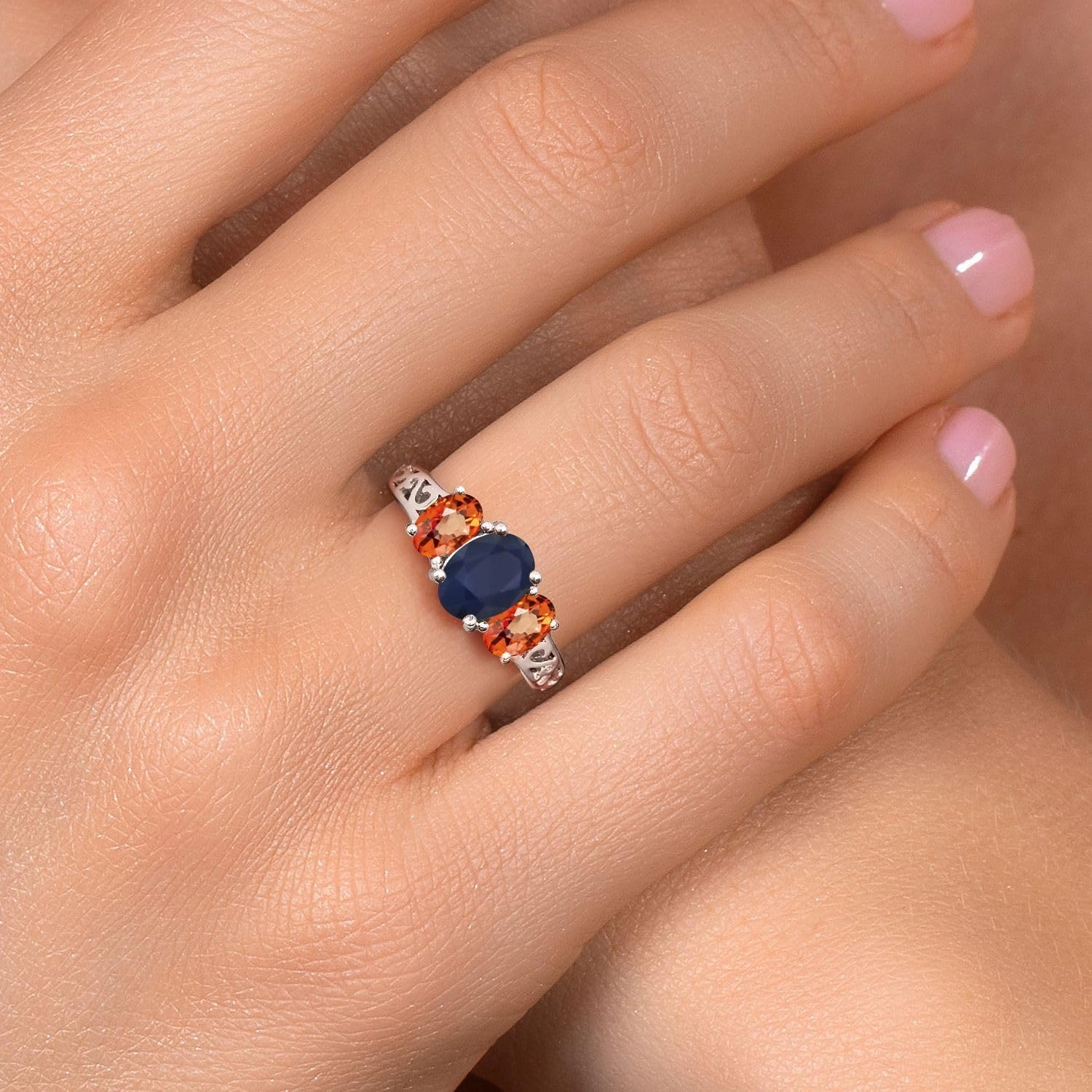 Gem Stone King 2.90 Cttw Blue Sapphire and Orange Sapphire Filigree Style 3 Stone Ring For Women In 925 Sterling Silver | Oval 8X6MM and 6X4MM | Available in Size 5, 6, 7, 8, 9