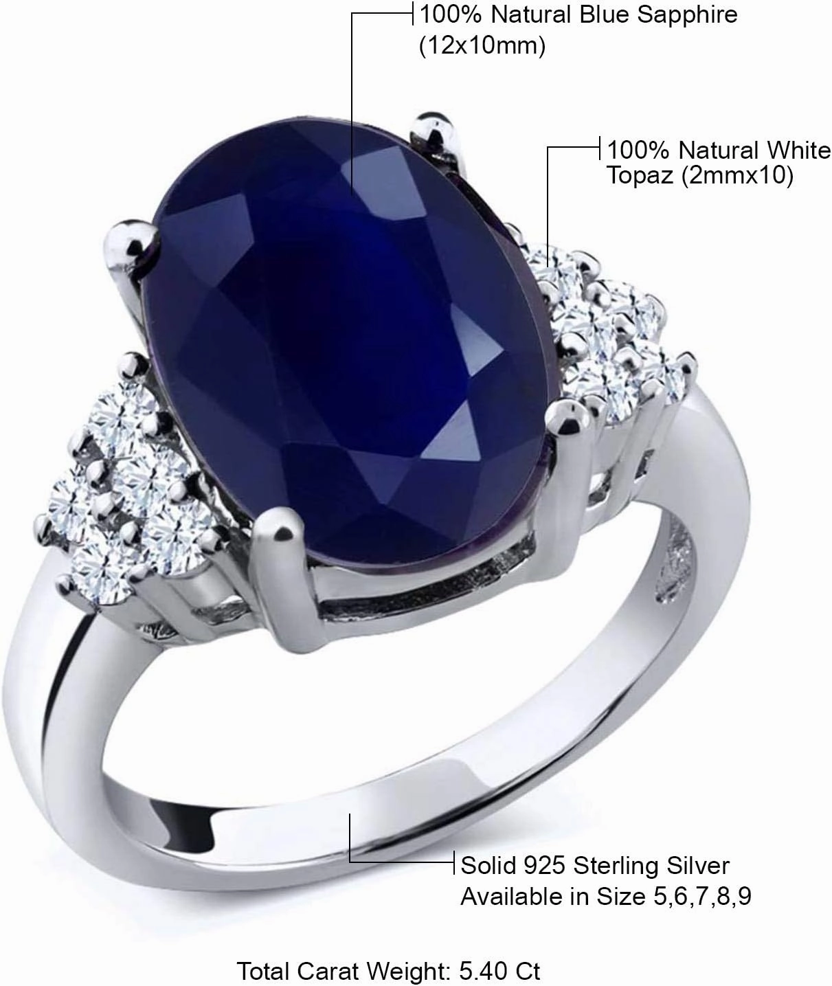 Gem Stone King 5.40 Cttw Blue Sapphire and White Topaz Engagement Ring For Women | 925 Sterling Silver | Oval 12X10MM | Gemstone Birthstone | Available In Size 5, 6, 7, 8, 9