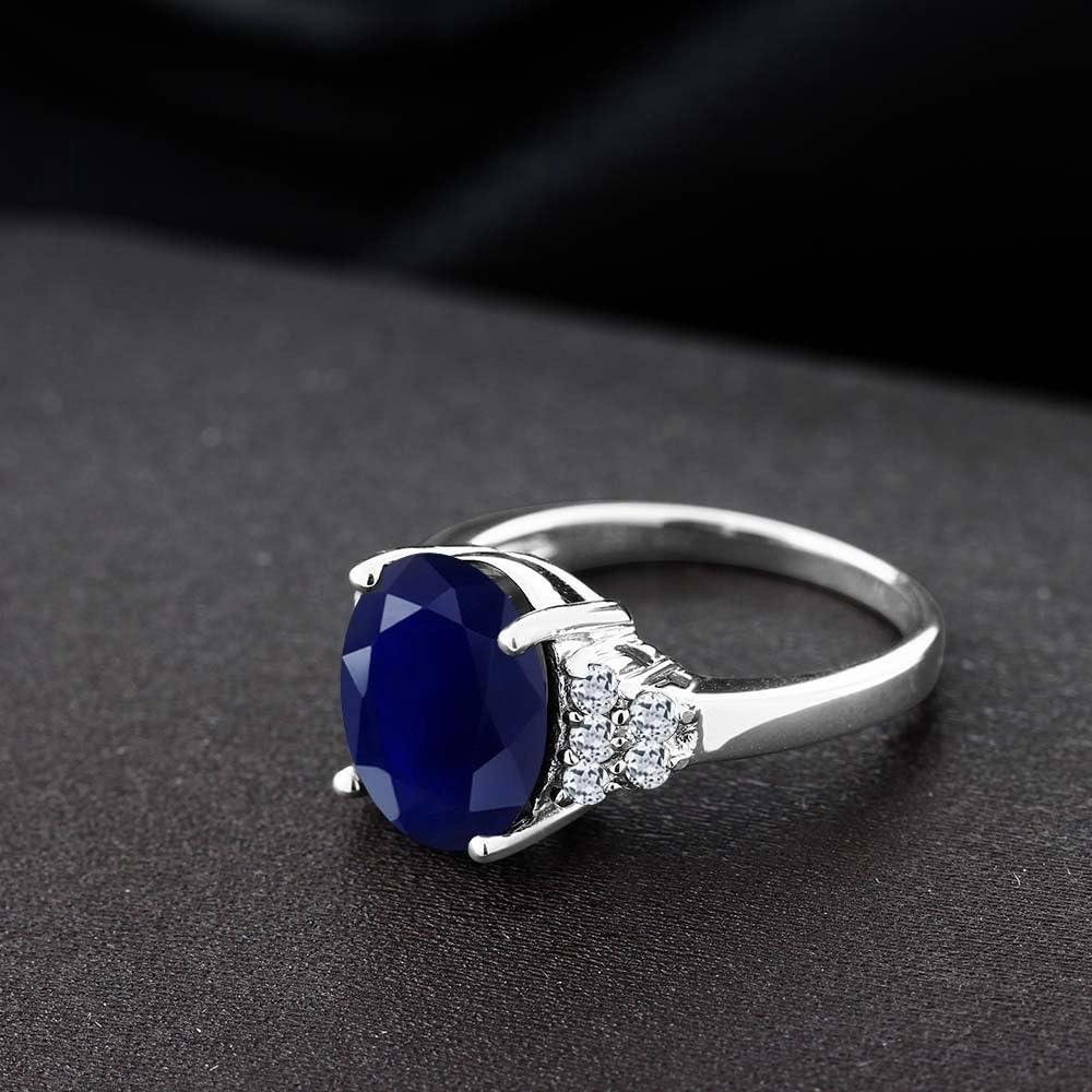 Gem Stone King 5.40 Cttw Blue Sapphire and White Topaz Engagement Ring For Women | 925 Sterling Silver | Oval 12X10MM | Gemstone Birthstone | Available In Size 5, 6, 7, 8, 9