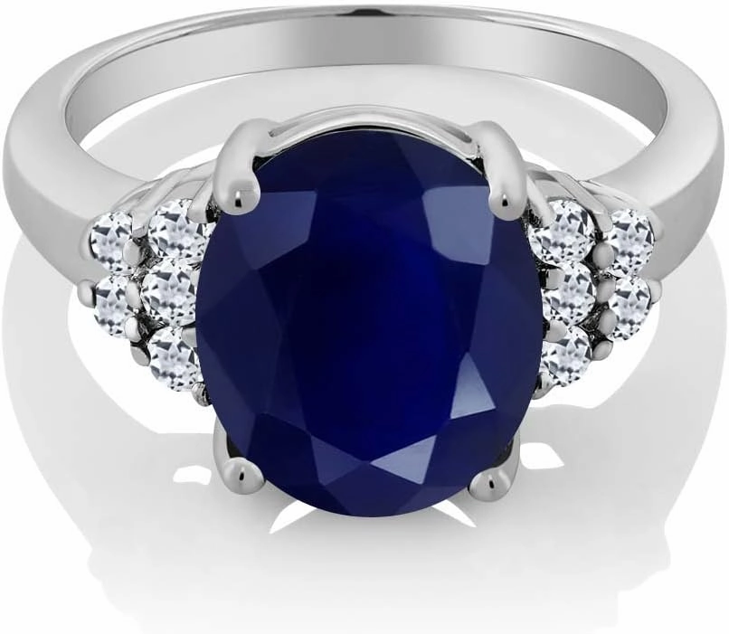 Gem Stone King 5.40 Cttw Blue Sapphire and White Topaz Engagement Ring For Women | 925 Sterling Silver | Oval 12X10MM | Gemstone Birthstone | Available In Size 5, 6, 7, 8, 9