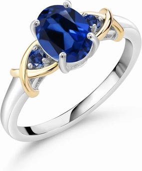 Gem Stone King 925 Sterling Silver and 10K Yellow Gold Blue Created Sapphire Ring For Women (1.69 Cttw, Oval 8X6MM, Available In Size 5, 6, 7, 8, 9)