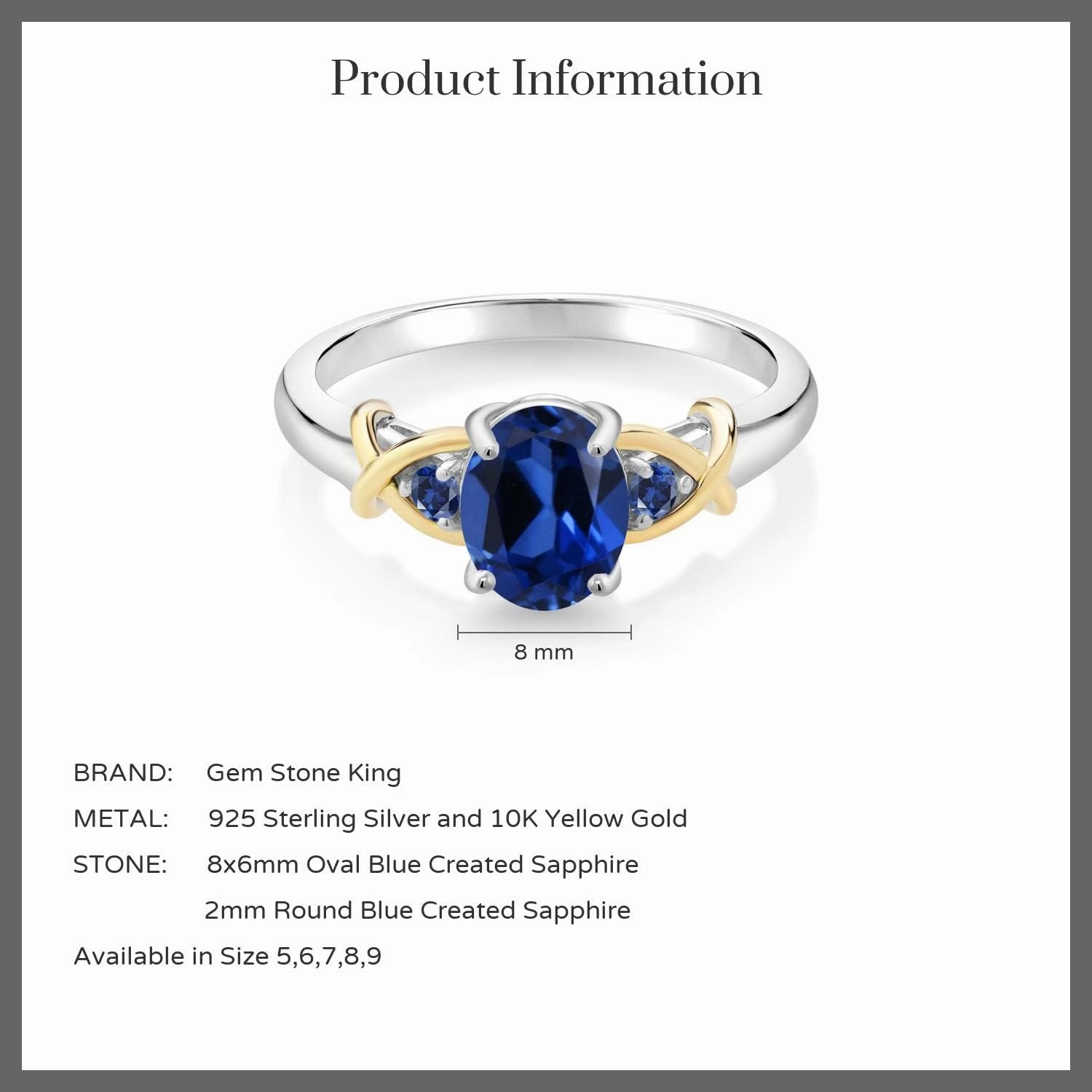 Gem Stone King 925 Sterling Silver and 10K Yellow Gold Blue Created Sapphire Ring For Women (1.69 Cttw, Oval 8X6MM, Available In Size 5, 6, 7, 8, 9)