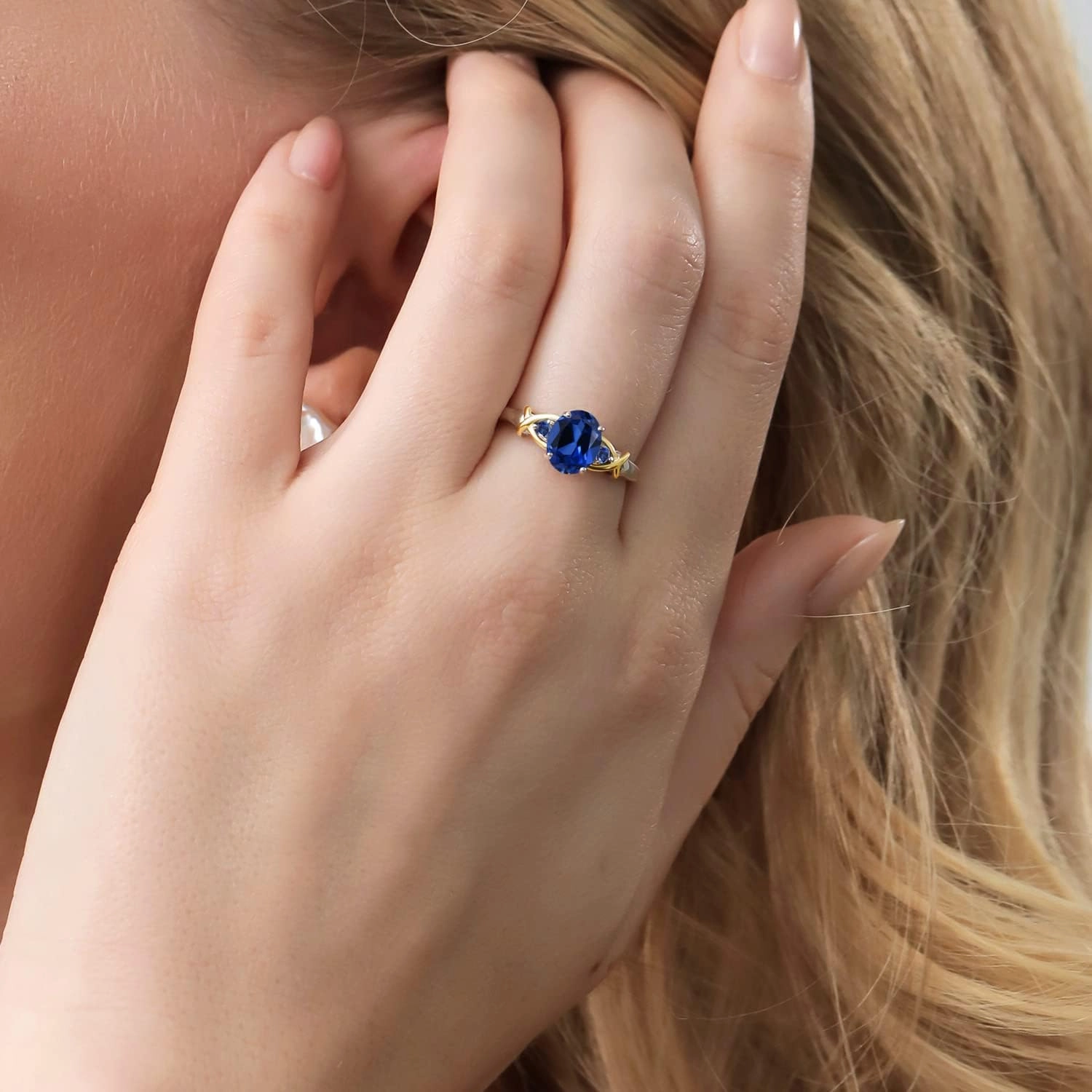 Gem Stone King 925 Sterling Silver and 10K Yellow Gold Blue Created Sapphire Ring For Women (1.69 Cttw, Oval 8X6MM, Available In Size 5, 6, 7, 8, 9)