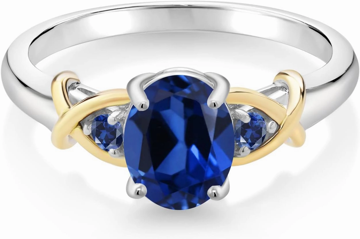 Gem Stone King 925 Sterling Silver and 10K Yellow Gold Blue Created Sapphire Ring For Women (1.69 Cttw, Oval 8X6MM, Available In Size 5, 6, 7, 8, 9)