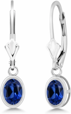 Gem Stone King 925 Sterling Silver Blue Created Sapphire Dangle Earrings For Women | 2.00 Cttw | Oval 7X5MM