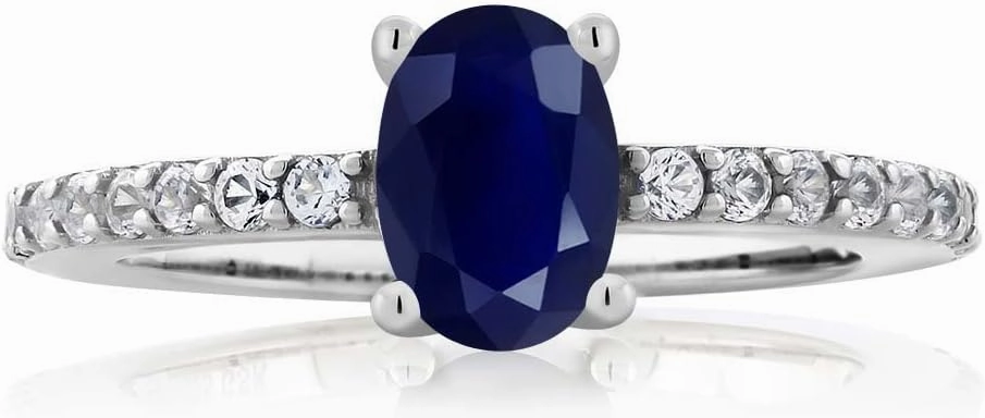 Gem Stone King 925 Sterling Silver Blue Sapphire and White Created Sapphire Ring For Women (1.32 Cttw, Oval 7X5MM, Gemstone Birthstone, Available In Size 5, 6, 7, 8, 9)