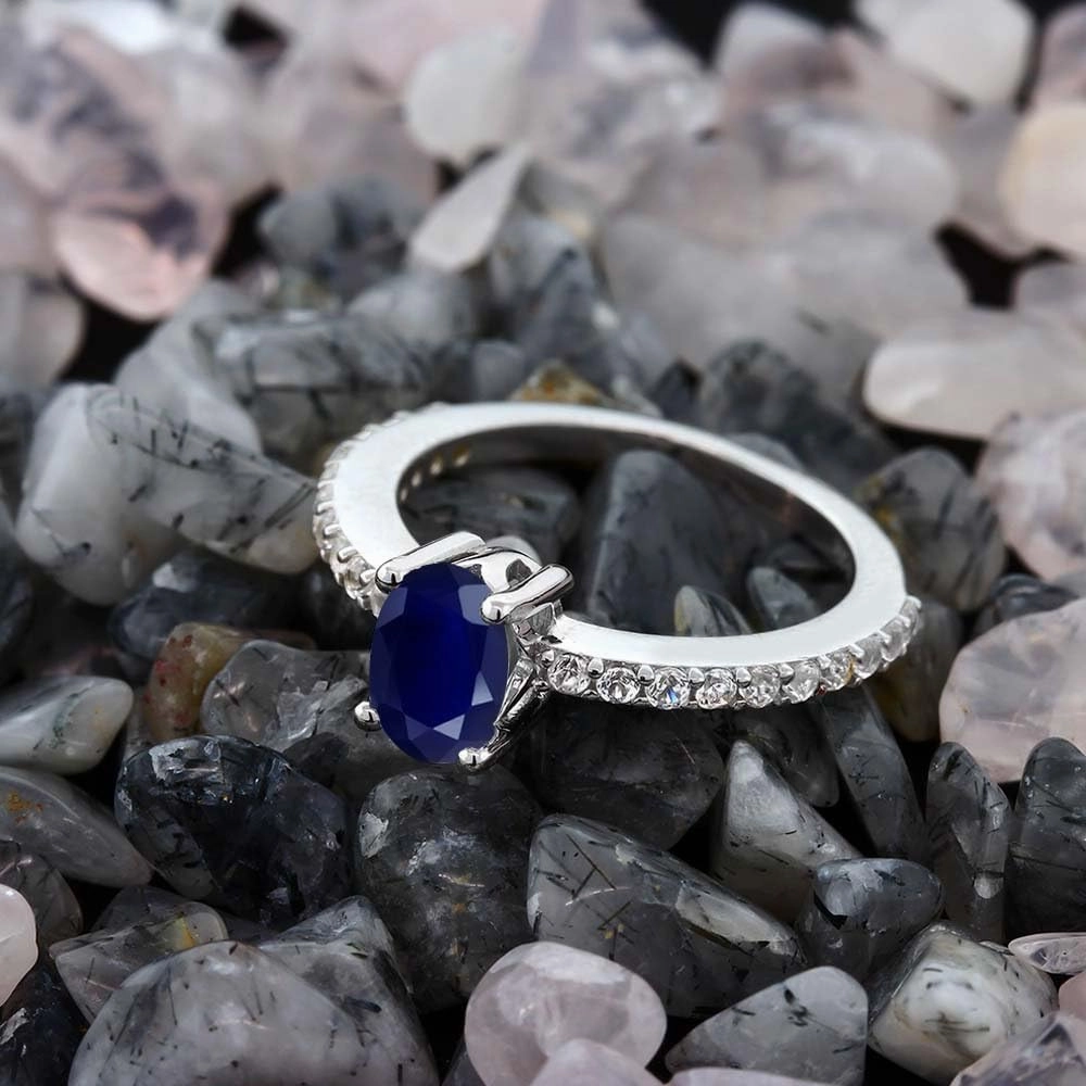 Gem Stone King 925 Sterling Silver Blue Sapphire and White Created Sapphire Ring For Women (1.32 Cttw, Oval 7X5MM, Gemstone Birthstone, Available In Size 5, 6, 7, 8, 9)