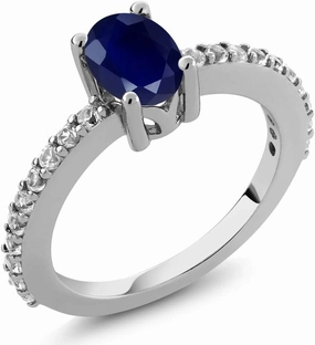 Gem Stone King 925 Sterling Silver Blue Sapphire and White Created Sapphire Ring For Women (1.32 Cttw, Oval 7X5MM, Gemstone Birthstone, Available In Size 5, 6, 7, 8, 9)