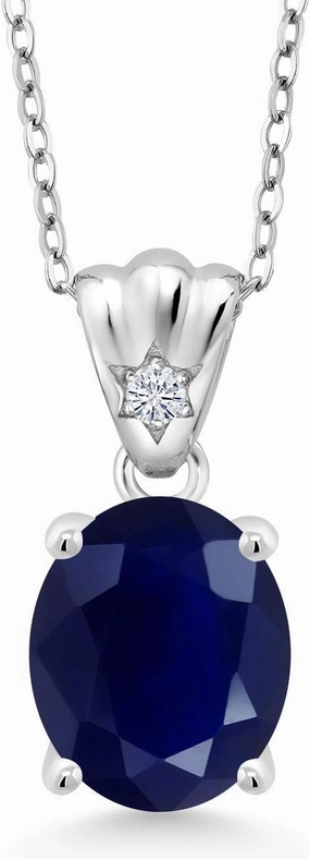 Gem Stone King 925 Sterling Silver Blue Sapphire and White Lab Grown Diamond Pendant Necklace For Women (4.54 Cttw, Oval 11X9MM with 18 Inch Silver Chain)