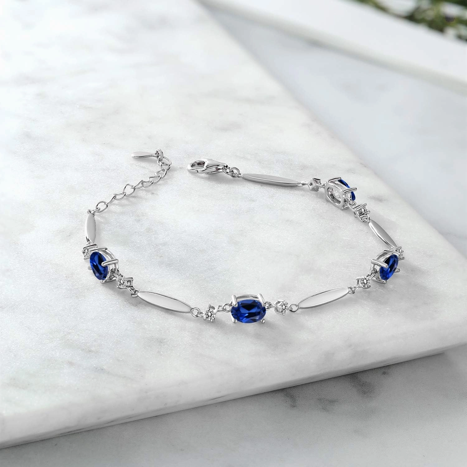 Gem Stone King 925 Sterling Silver Gemstone Birthstone and White Diamond Tennis Bracelet For Women | Oval 7X5MM and 2MM | 6 Inch   1 Inch Extender | Fine Jewelry for Her Mom Wife