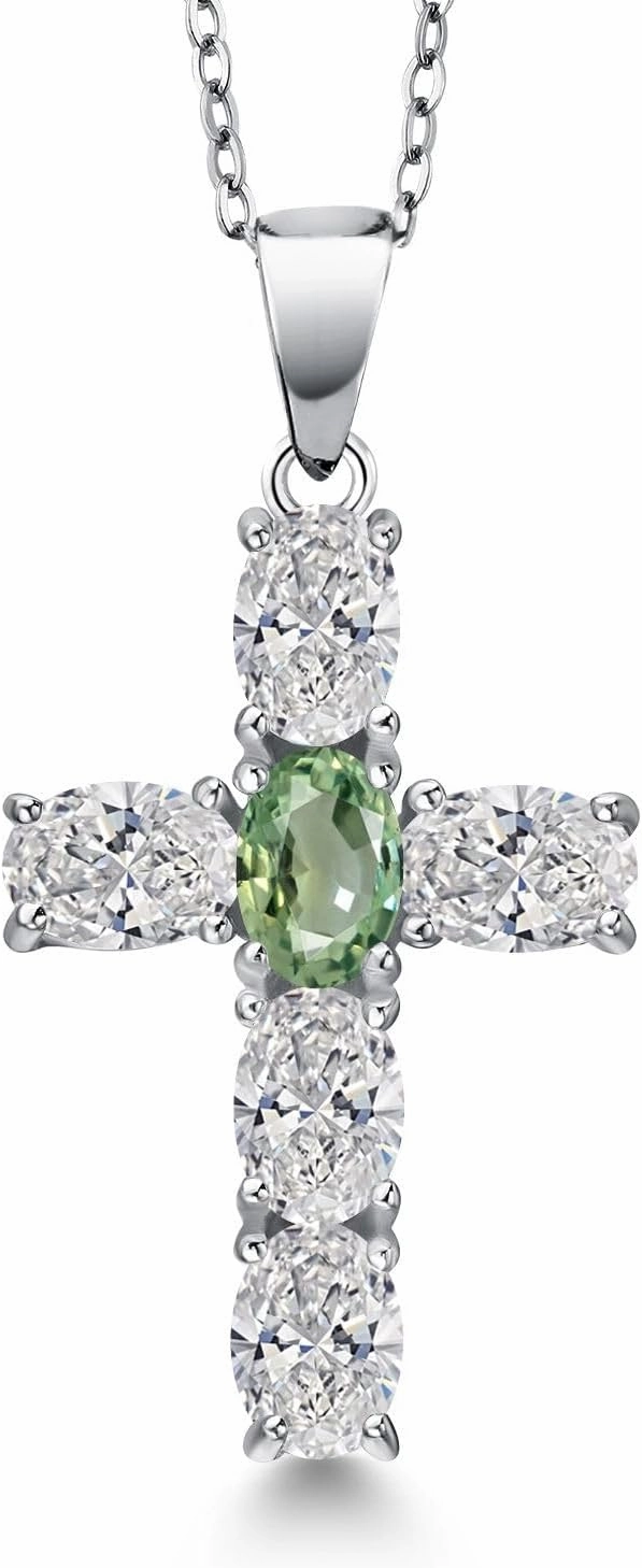 Gem Stone King 925 Sterling Silver Lab Grown Diamond and Green Sapphire Cross Pendant Necklace for Women | 2.55 Cttw | Gemstone April Birthstone | Oval 6X4MM | With 18 Inch Chain