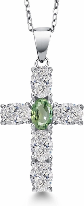 Gem Stone King 925 Sterling Silver Lab Grown Diamond and Green Sapphire Cross Pendant Necklace for Women | 2.55 Cttw | Gemstone April Birthstone | Oval 6X4MM | With 18 Inch Chain
