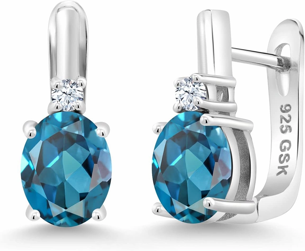 Gem Stone King 925 Sterling Silver London Blue Topaz and White Created Sapphire Earrings For Women (3.70 Cttw, Gemstone November Birthstone, Oval 9X7MM)