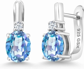 Gem Stone King 925 Sterling Silver Millennium Blue Mystic Quartz and White Created Sapphire Earrings For Women (3.70 Cttw, Gemstone, Oval 9X7MM)