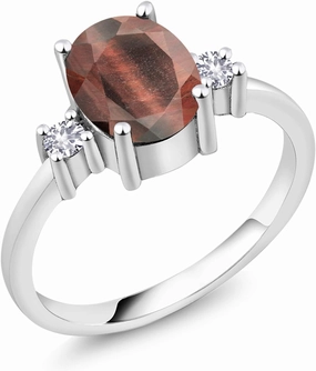Gem Stone King 925 Sterling Silver Oval Red Tiger Eye and White Created Sapphire 3-Stone Ring | 1.60 Cttw | 3 Stone Wedding Engagement Anniversary Promise Ring For Women