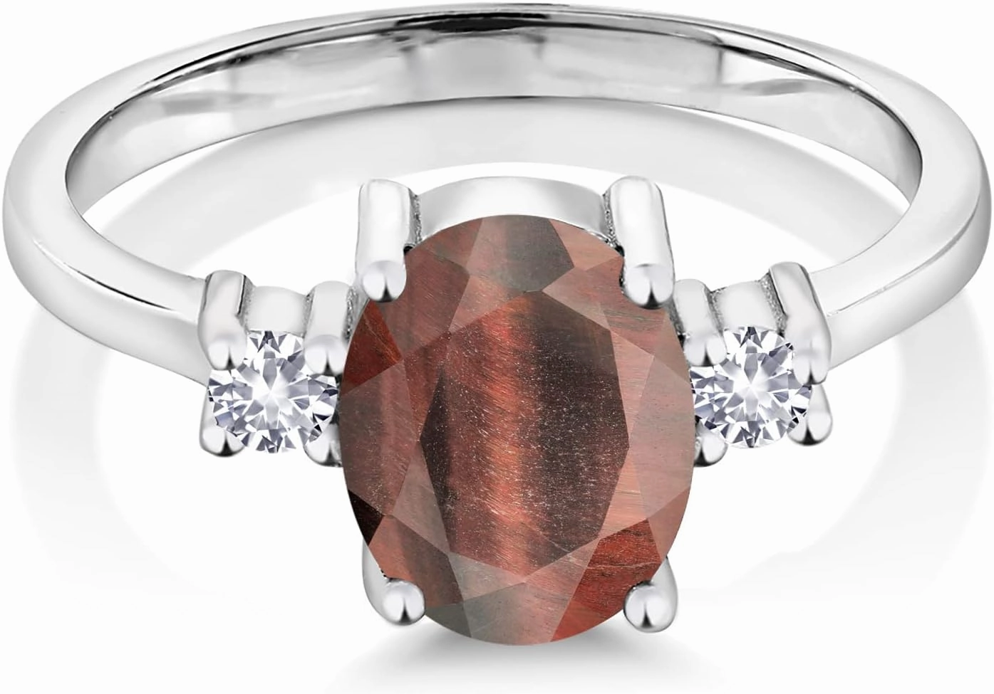Gem Stone King 925 Sterling Silver Oval Red Tiger Eye and White Created Sapphire 3-Stone Ring | 1.60 Cttw | 3 Stone Wedding Engagement Anniversary Promise Ring For Women