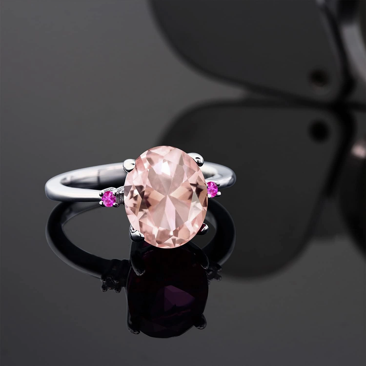 Gem Stone King 925 Sterling Silver Peach Nano Morganite and Pink Sapphire 3 Stone Ring For Women (2.36 Cttw, Oval 10X8MM, Gemstone October Birthstone, Available in Size 5,6,7,8,9)