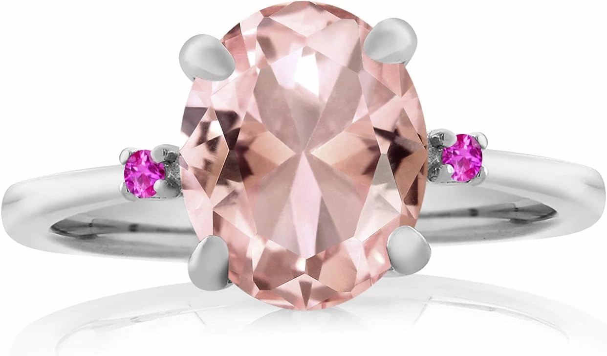 Gem Stone King 925 Sterling Silver Peach Nano Morganite and Pink Sapphire 3 Stone Ring For Women (2.36 Cttw, Oval 10X8MM, Gemstone October Birthstone, Available in Size 5,6,7,8,9)