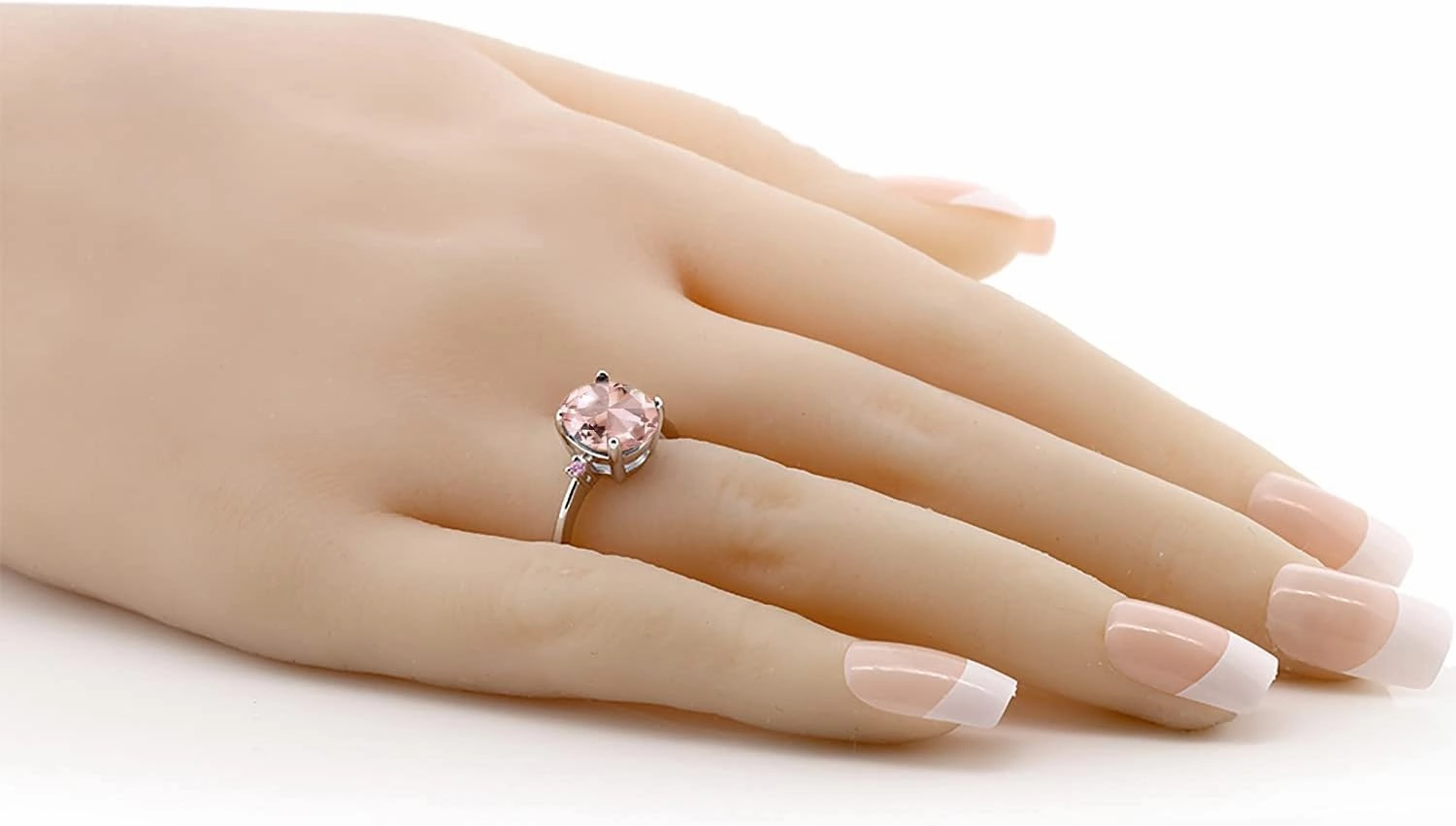 Gem Stone King 925 Sterling Silver Peach Nano Morganite and Pink Sapphire 3 Stone Ring For Women (2.36 Cttw, Oval 10X8MM, Gemstone October Birthstone, Available in Size 5,6,7,8,9)