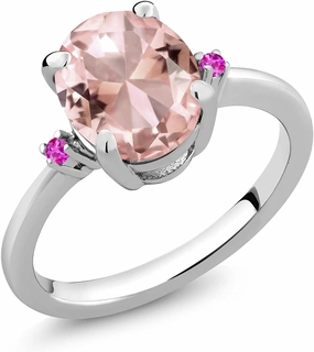 Gem Stone King 925 Sterling Silver Peach Nano Morganite and Pink Sapphire 3 Stone Ring For Women (2.36 Cttw, Oval 10X8MM, Gemstone October Birthstone, Available in Size 5,6,7,8,9)