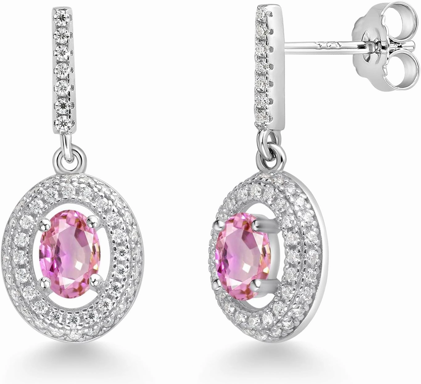 Gem Stone King 925 Sterling Silver Pink Sapphire and White Moissanite Dangle Earrings For Women (1.71 Cttw, Gemstone September Birthstone, Oval 6X4MM)