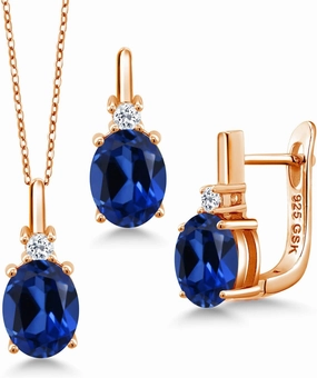 Gem Stone King Gemstone Birthstone and White Topaz Pendant and Earrings Jewelry Set for Women in 18K Rose Gold Plated Silver | Oval 8X6MM and Round 2.5MM | With 18 Inch Chain