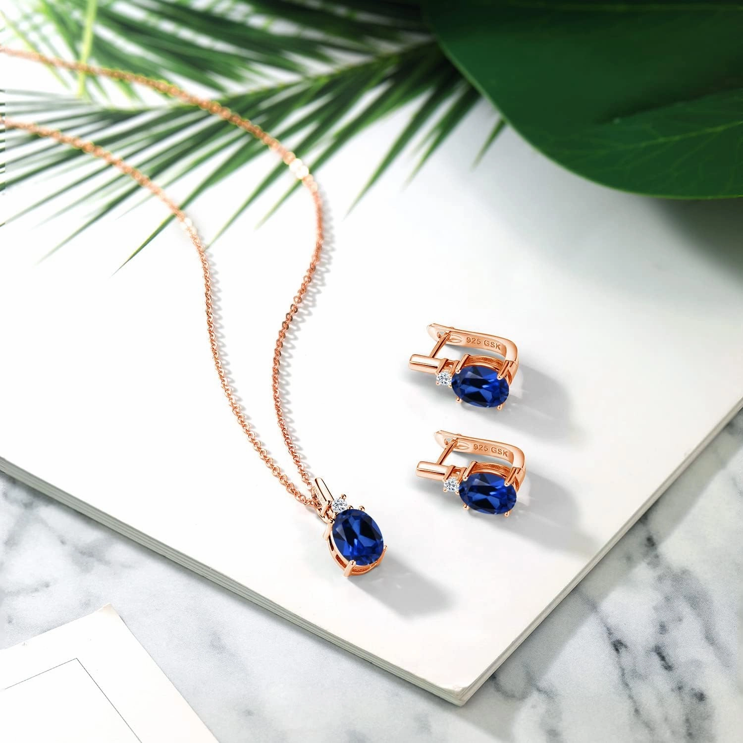 Gem Stone King Gemstone Birthstone and White Topaz Pendant and Earrings Jewelry Set for Women in 18K Rose Gold Plated Silver | Oval 8X6MM and Round 2.5MM | With 18 Inch Chain