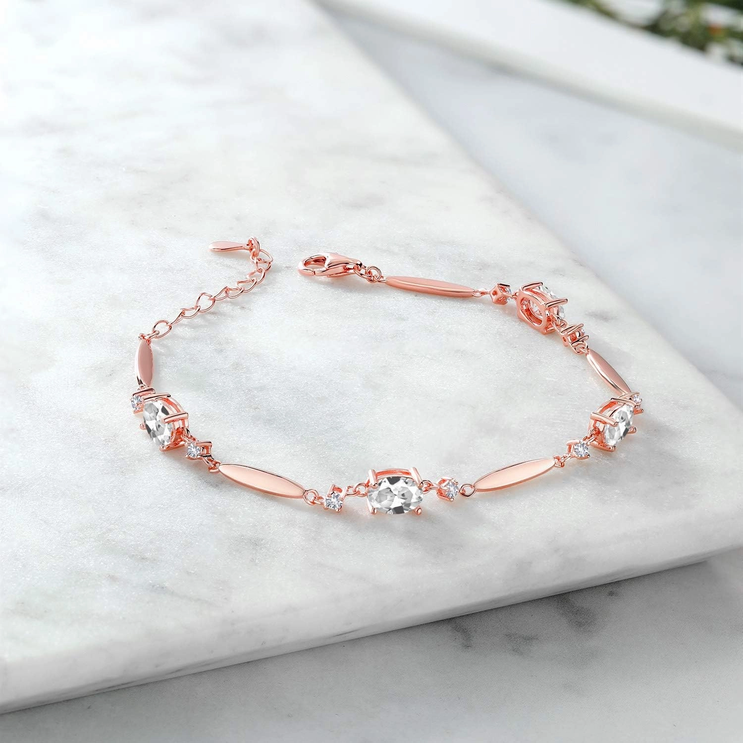 Gem Stone King Gemstone Birthstone Tennis Bracelet For Women | 18K Rose Gold Plated Silver | Oval 7X5MM and Round 2MM | 6 Inch   1 Inch Extender | Fine Jewelry for Her Mom Wife