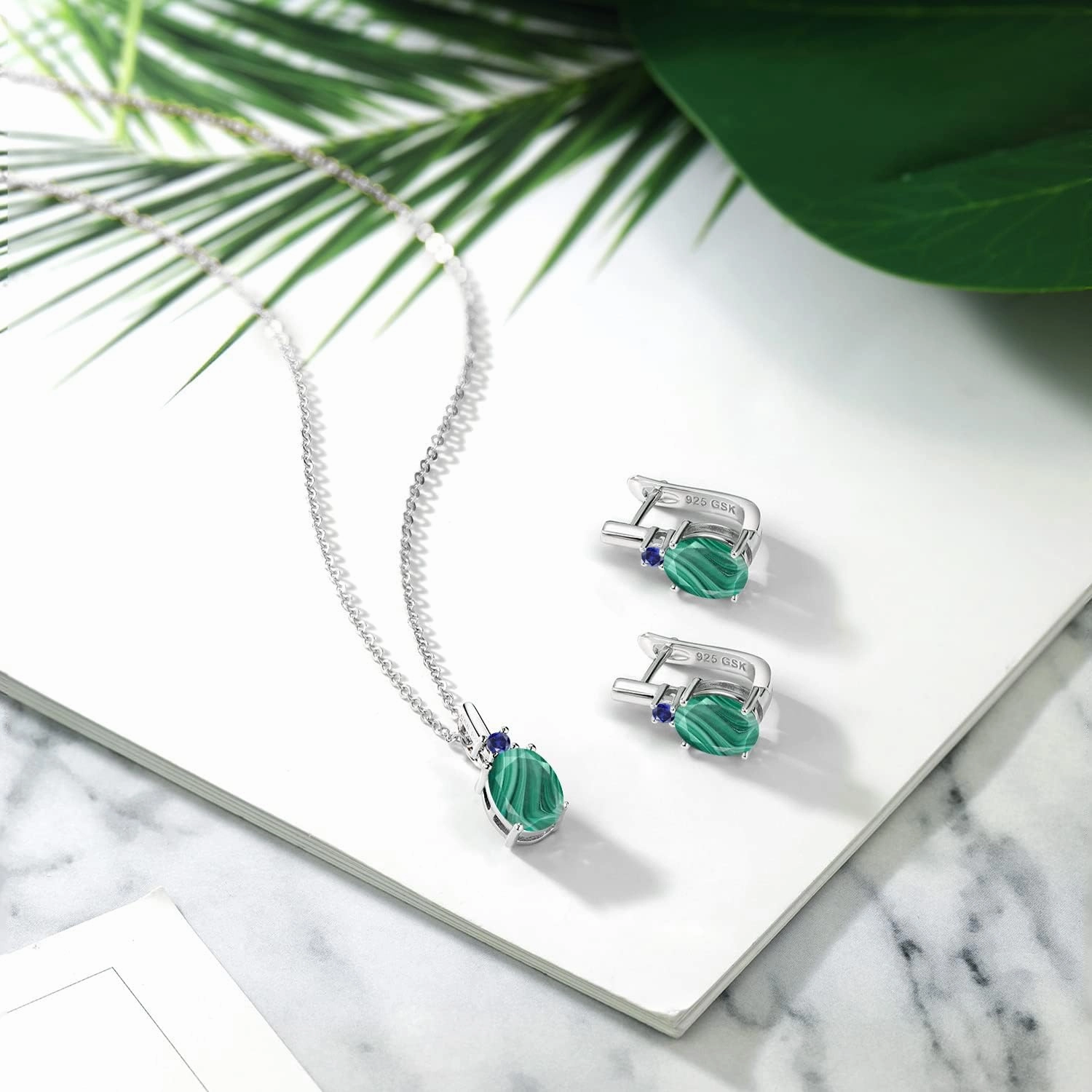 Gemstone Birthstone and Blue Created Sapphire Pendant and Earrings Jewelry Set for Women in 925 Sterling Silver | Oval 8X6MM and Round 2.5MM | Fine Jewelry for Her Mom Women Wife | With 18 Inch Chain