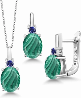 Gemstone Birthstone and Blue Created Sapphire Pendant and Earrings Jewelry Set for Women in 925 Sterling Silver | Oval 8X6MM and Round 2.5MM | Fine Jewelry for Her Mom Women Wife | With 18 Inch Chain