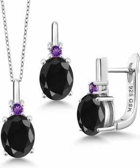 Gemstone Birthstone and Purple Amethyst Pendant and Earrings Jewelry Set for Women in 925 Sterling Silver | Oval 8X6MM and Round 2.5MM | Fine Jewelry Set for Her Mom Women Wife | With 18 Inch Chain