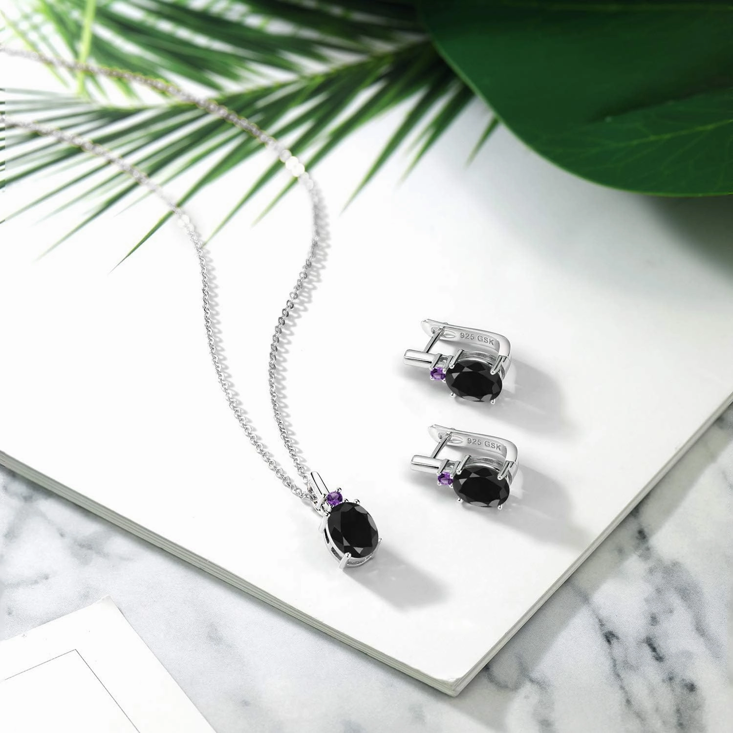 Gemstone Birthstone and Purple Amethyst Pendant and Earrings Jewelry Set for Women in 925 Sterling Silver | Oval 8X6MM and Round 2.5MM | Fine Jewelry Set for Her Mom Women Wife | With 18 Inch Chain