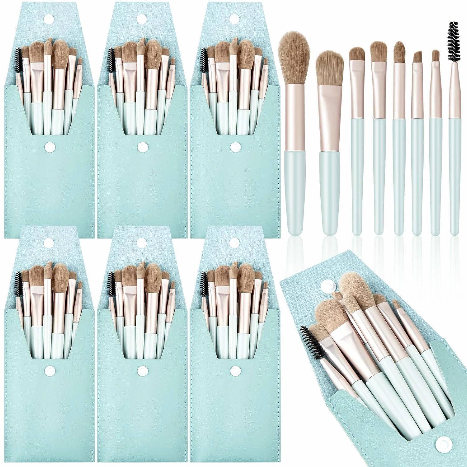 Gerrii 6 Sets Travel Makeup Brush Set Brushes Bag Bridesmaid Gift Synthetic Fiber Face Make up Brushes Angled Blush Brush for Wedding Bridal Shower Favors Bachelorette Party Gift (Light Blue)