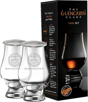 GLENCAIRN BRUICHLADDICH ISLAY CREST BRANDED WHISKY GLASS, SET OF 2 IN TWIN GIFT CARTON WITH WATCH COVERS