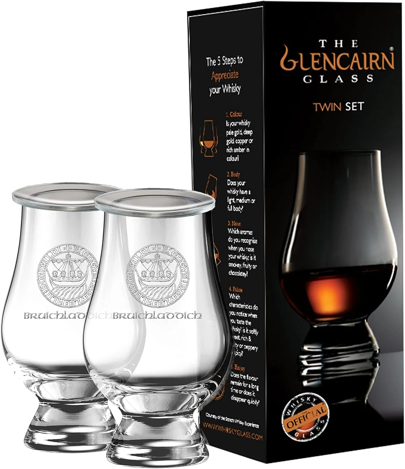 GLENCAIRN BRUICHLADDICH ISLAY CREST BRANDED WHISKY GLASS, SET OF 2 IN TWIN GIFT CARTON WITH WATCH COVERS