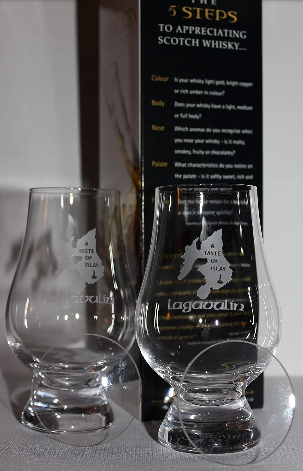 GLENCAIRN LAPHROAIG A TASTE OF ISLAY BRANDED WHISKY GLASS, SET OF 2 IN TWIN GIFT CARTON WITH WATCH COVERS