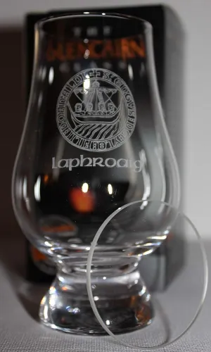 GLENCAIRN LAPHROAIG ISLAY CREST BRANDED WHISKY GLASS IN GIFT CARTON WITH WATCH COVER