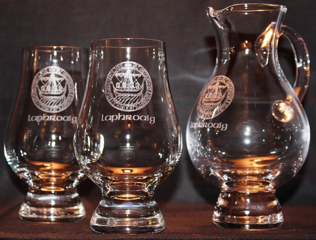 GLENCAIRN LAPHROAIG TWO GLASS IONA PITCHER SCOTCH WHISKY PRESENTATION SET
